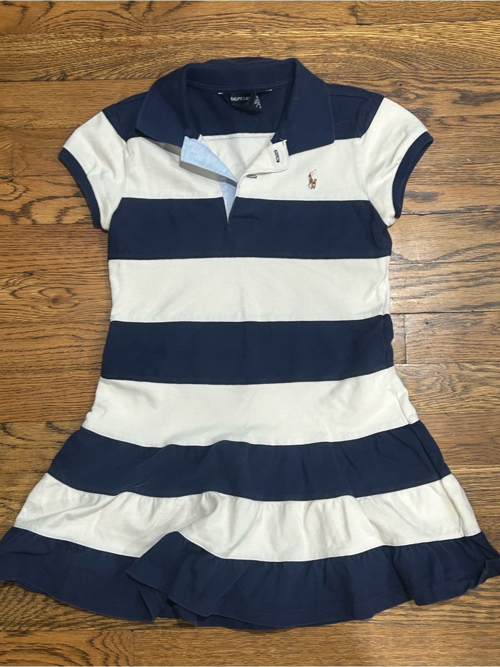Ralph Lauren Navy & White Striped Polo Dress with Ruffle Skirt
